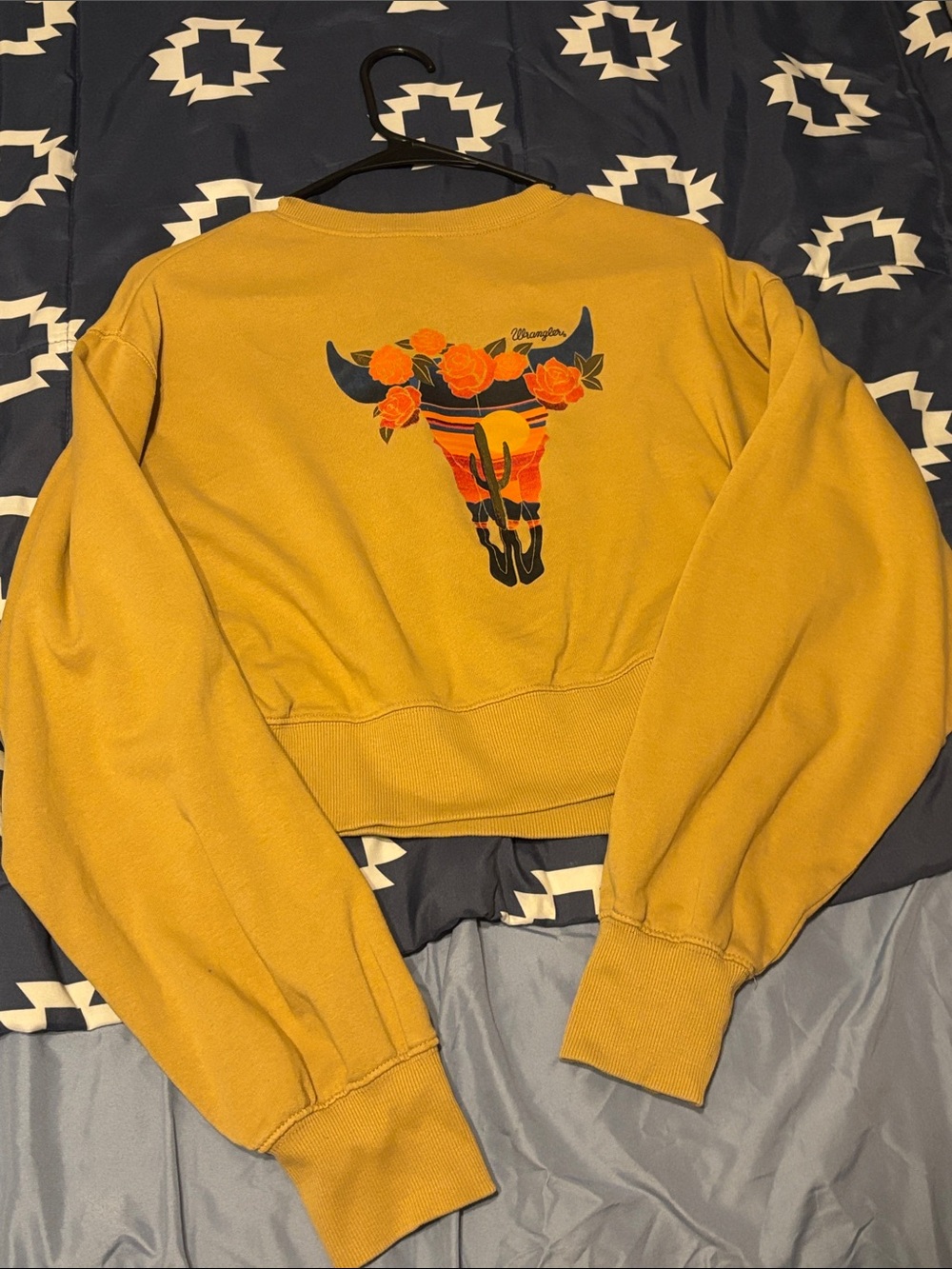 Wrangler Mustard Yellow Cropped Sweatshirt with Floral Bull Skull Graphic